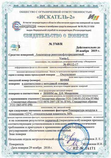 Свидетельство о поверке анализатора рентгенофлуоресцентного №3768R.jpg
